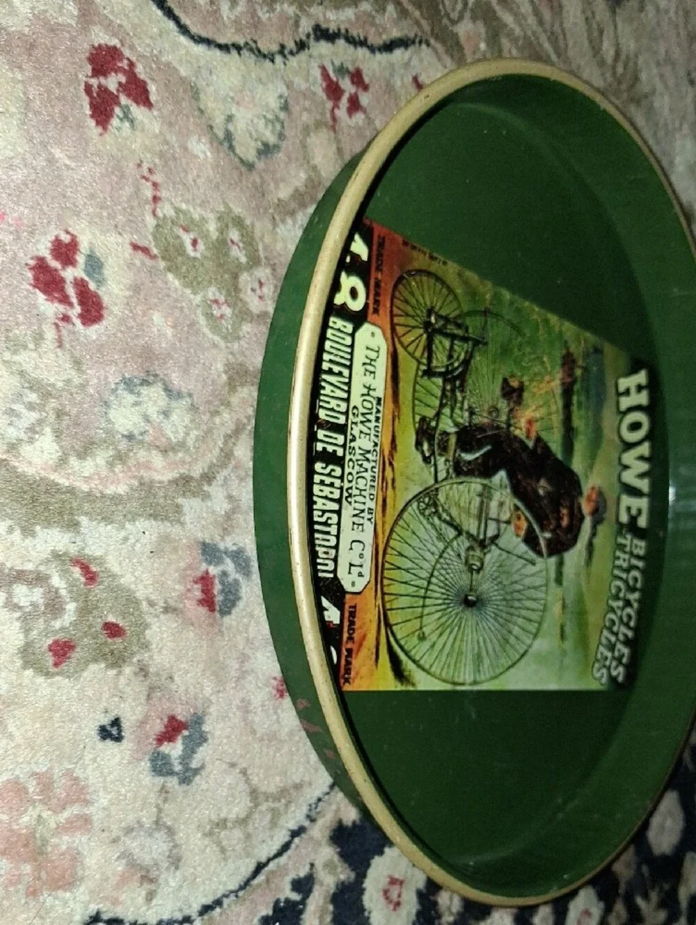 Howe Green Round Metal Tray with Vintage Bicycles Graphic
